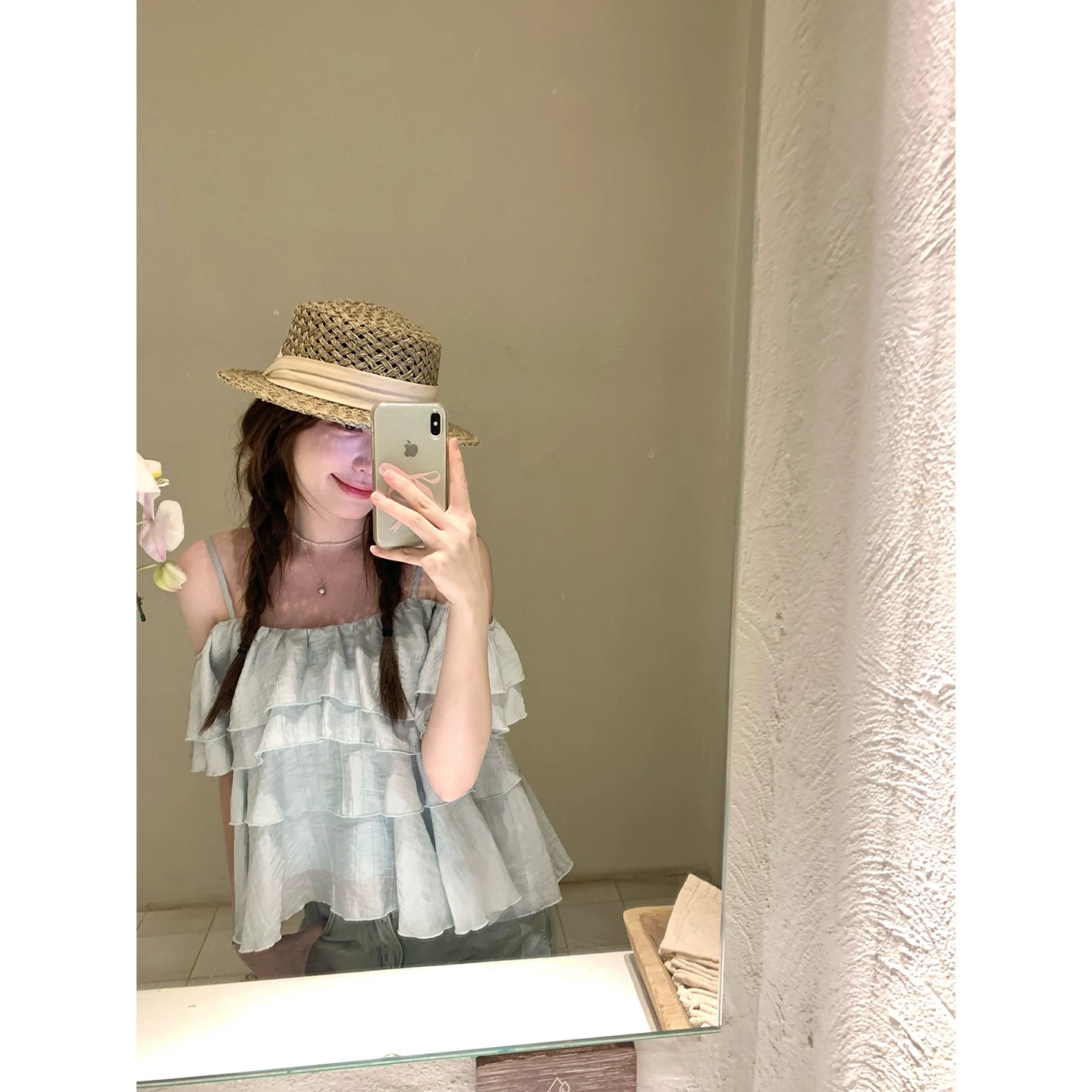 한 부서 달콤한 매운맛 바람 박하 블루 프릴 슬립 맨위 여성 여름 새로운 쉬폰 작은 셔츠 디자인 센스 작은 대중
