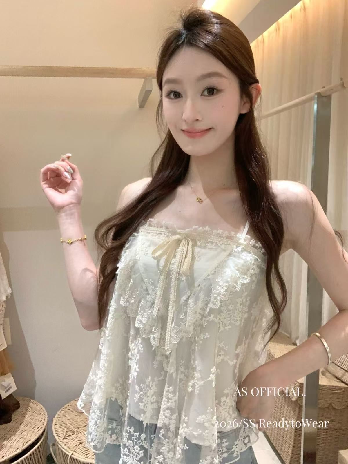 여름 핫걸 셔츠 프릴 작은 조끼 외출용 맨위 트렌디 순수한 욕망 바람 섹시함 레이스 자수 캐미솔