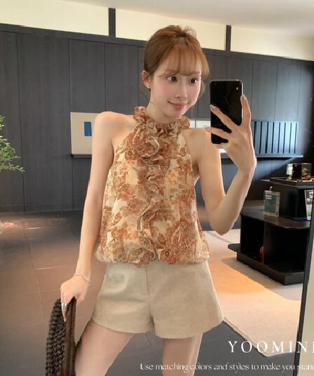 2026 여름 새로운 핫걸 레트로 품격 행침 목 프릴 프린트 조끼 슬림해 보이는 얇고 가벼운 민소매 맨위 여성