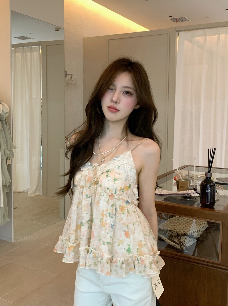 프랑스식 달콤한 스타일 꽃무늬 V넥 캐미솔 여름 레이스 레이스 레이스업 슬림해 보이는 연령 감소 아름다운 작은 슬링