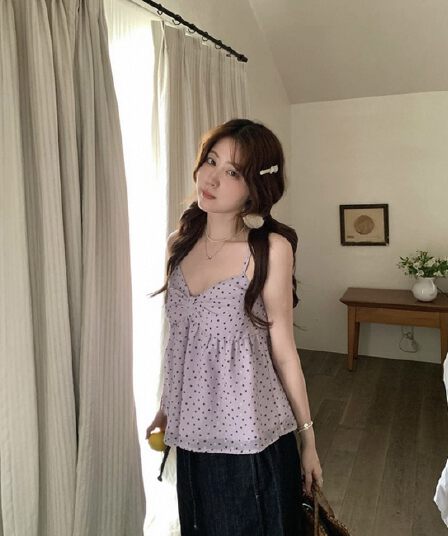 여름 얇은 스타일 달콤한 스타일 다용도 민소매 맨위 소녀 바람 보라색 도트 무늬 나비 매듭 캐미솔