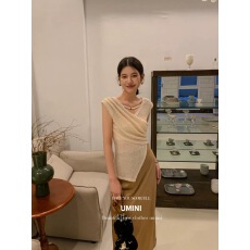 批发夏季时尚独特别致绝美v领无袖T恤上衣掐腰设计感小众不规则小衫女