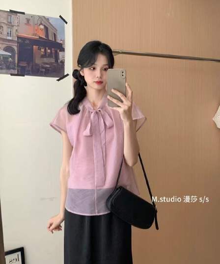 여름 새로운 고급 센스 루즈핏 다용도 맨위 Chic 부드러운 바람 레이스업 디자인 센스 주간 실크 셔츠 여성