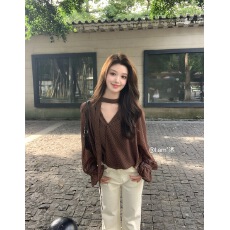 批发法式波点V领交叉显瘦时尚小衫女士秋季宽松雪纺衫上衣(配飘带)