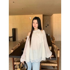 批发2026秋季新款小衫设计小众甜美温柔蝴蝶结波点露肩上衣女