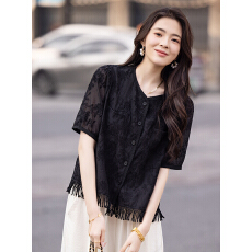 批发限价+12+小视频 2026年夏装新款民族风流苏轻薄蕾丝绣花宽松衬衫