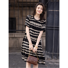 批发限价+12+小视频 圆领短袖波浪条纹连衣裙女装遮肚子夏季款休闲裙