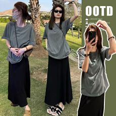 韩系慵懒休闲孕妇灰色短袖T恤＋黑色鱼尾裙套装夏季外穿显瘦薄款