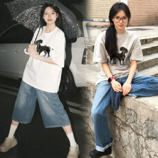 批发孕妇白色腊肠狗慵懒风T恤女<b class='q'>夏</b>季胖m宽松遮肚圆领短袖上衣休闲体恤