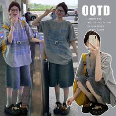 批发<b class='q'>套装</b>灰色慵懒风松弛时尚气质设计印花T恤上衣＋可调节牛仔五分裤