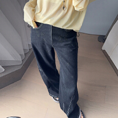 批发黑色<b class='q'>烫钻</b>孕妇牛仔阔腿宽松裤女秋冬外穿2025新款休闲大码长裤显瘦