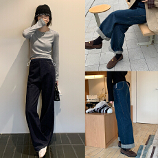 批发丹宁蓝色孕妇牛仔阔腿宽松裤女秋冬外穿2025新款休闲大码长裤显瘦