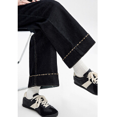 深蓝色孕妇牛仔阔腿宽松裤女秋冬外穿2025新款休闲大码九分显瘦