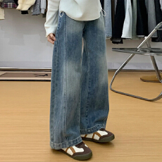 蓝色高腰孕妇牛仔阔腿宽松裤女春秋外穿2026新款休闲大码长裤显瘦