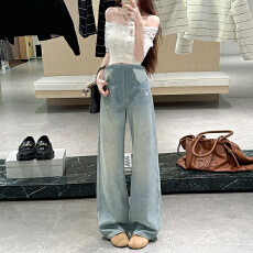 批发蓝色<b class='q'>镶钻</b>烟花孕妇直筒牛仔韩版2026新款显瘦复古烫钻宽松阔腿裤