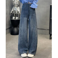 批发<b class='q'>镶钻</b>闪闪孕妇直筒牛仔韩版2026新款显瘦复古烫钻宽松阔腿裤