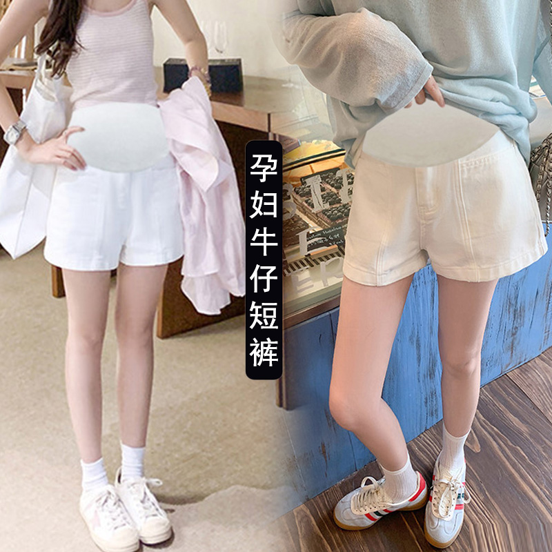 임산부 화이트 캐주얼 스트레이트 넓은 다리 데님 반바지 여성 여름 루즈핏 디스플레이 하이웨이스트 한 마디 핫 바지 3 점 바지