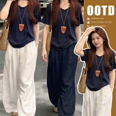 批发藏青色慵懒风松弛时尚气质设计感T恤<b class='q'>上衣</b>＋可调节<b class='q'>棉麻</b>亲肤休闲裤