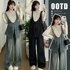 批发孕妇背带裤套装新款时尚洋气牛仔阔腿裤减龄两件套