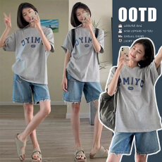 批发套装灰色慵懒风松弛时尚气质设计印花T恤上衣＋可调节牛仔五分裤