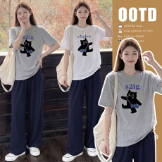 批发套装灰色慵懒风松弛时尚气质设计印花T恤上衣＋可调节棉麻阔腿裤