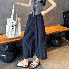 批发孕妇藏青色亚麻阔腿裤女夏季高腰薄款垂感老钱风直筒休闲棉麻裤