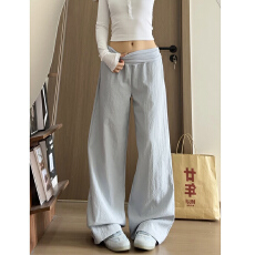 批发孕妇蓝色亚麻阔腿裤女夏季高腰薄款垂感老钱风<b class='q'>西装</b>直筒休闲<b class='q'>棉麻</b>裤