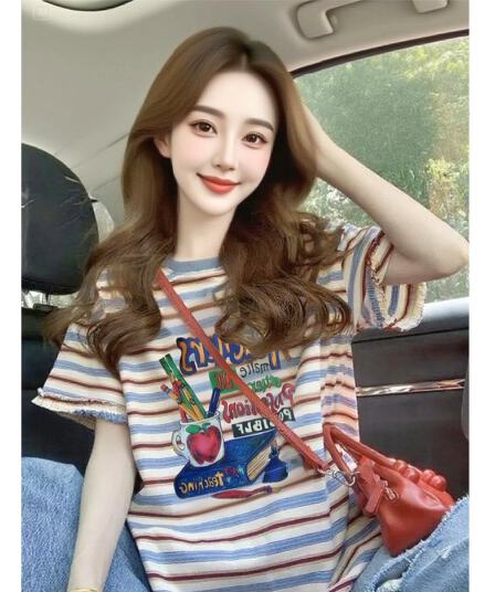 임산부 스트라이프 반팔 프린트 학원 스타일 루즈핏 캐주얼 여성 티셔츠 여름 표지 고기 슬림해 보이는 디자인 센스 맨위 여성