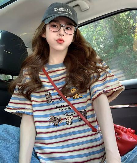 임산부 스트라이프 반팔 프린트 학원 스타일 루즈핏 캐주얼 여성 티셔츠 여름 표지 고기 슬림해 보이는 디자인 센스 맨위 여성