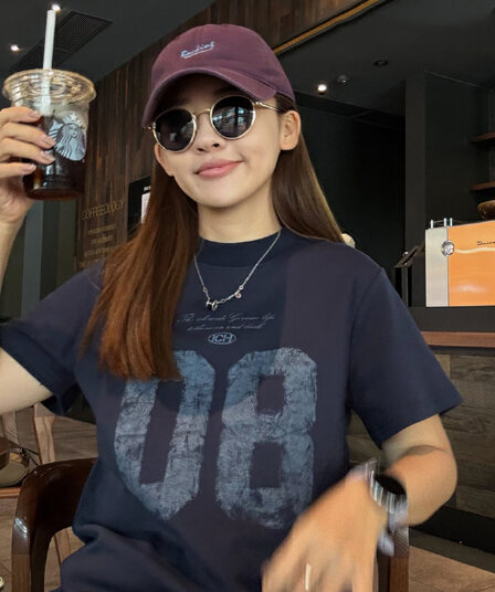 출산 착용 알파벳 해군 여름 드레스 새로운 라운드 넥 반팔 티셔츠 한국 스타일 루즈핏 임신 엄마 캐주얼 맨위