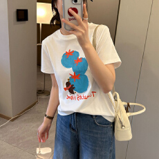 批发孕妇装卡通浅灰色夏装新款圆领短袖T恤韩版宽松孕妈休闲上衣