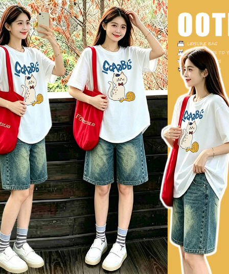 곡선 밑단 세트 화이트 느긋한 바람 느슨함 패션 프린트 티셔츠 맨위 수 있습니다. 조정 데님 오부 바지