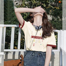 批发撞色<b class='q'>孕妇装</b>卡通米杏色夏装新款圆领短袖<b class='q'>T</b><b class='q'>恤</b>韩版宽松孕妈休闲上衣