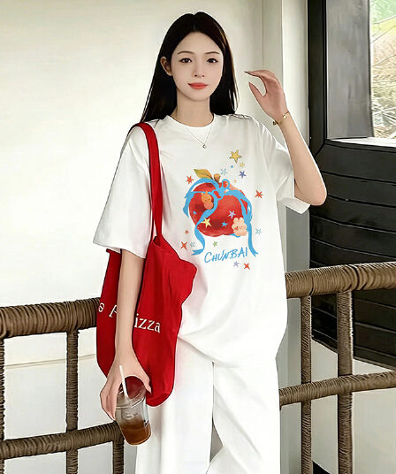 출산 착용 만화 화이트 여름 드레스 새로운 라운드 넥 반팔 티셔츠 한국 스타일 루즈핏 임신 엄마 캐주얼 맨위