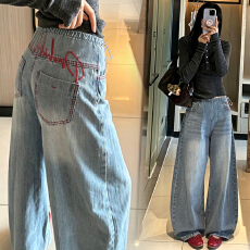 批发浅蓝色高腰刺绣孕妇牛仔<b class='q'>阔</b>腿宽松<b class='q'>裤</b>子女秋冬2026新款休闲大码<b class='q'>显瘦</b>