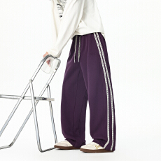 L-9XL大码2026秋季新款垂感休闲裤男条纹撞色拼接宽松直筒卫裤