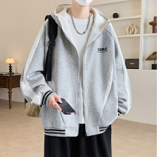 批发L-9XL大码秋季新款美式潮牌撞色外套男宽松连帽开衫卫衣【控价129