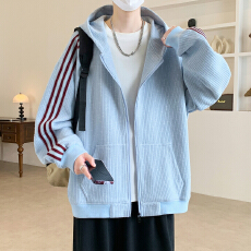 L-9XL大码美式复古竹节纹三条杠连帽外套宽松大码卫衣控价129