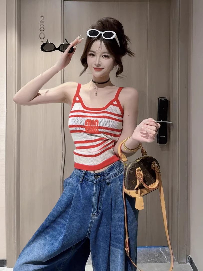 MY11327# 美式辣妹条纹吊带背心T恤女夏季新款小众修身显瘦上衣针织背...