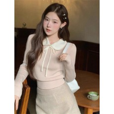 批发早秋新款<b class='q'>韩版</b>撞色娃娃领系带减龄6羊毛针织衫长袖上衣女