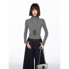 批发灰色高领针织毛衣内搭打底衫女秋<b class='q'>冬</b>季加厚短款修身紧身羊毛衫上衣