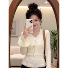 批发法式甜美风系带V领毛衣女秋冬微胖mm大码内搭针织打底衫修身<b class='q'>上衣</b>