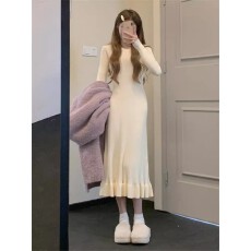 批发松本秋季新款修身显瘦高级感长袖中长款针织打底鱼尾<b class='q'>连衣</b>裙女丧丧