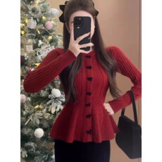 批发爆款法式<b class='q'>荷叶边</b>下摆新年穿搭针织开衫打底衫2025秋冬红色内搭<b class='q'>毛衣</b>