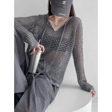 批发美式透视宽松镂空<b class='q'>针织</b>设计感长袖上衣女春夏新款开叉防晒网格<b class='q'>罩衫</b>