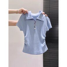 批发多巴胺蓝色polo领针织短袖t恤女夏季独特绝美正肩掐腰短款小上衣