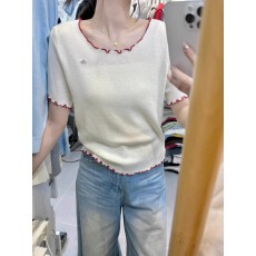 批发2026简韩花边小标短袖针织<b class='q'>衫</b>正肩短袖t恤女夏小个子修身针织上衣