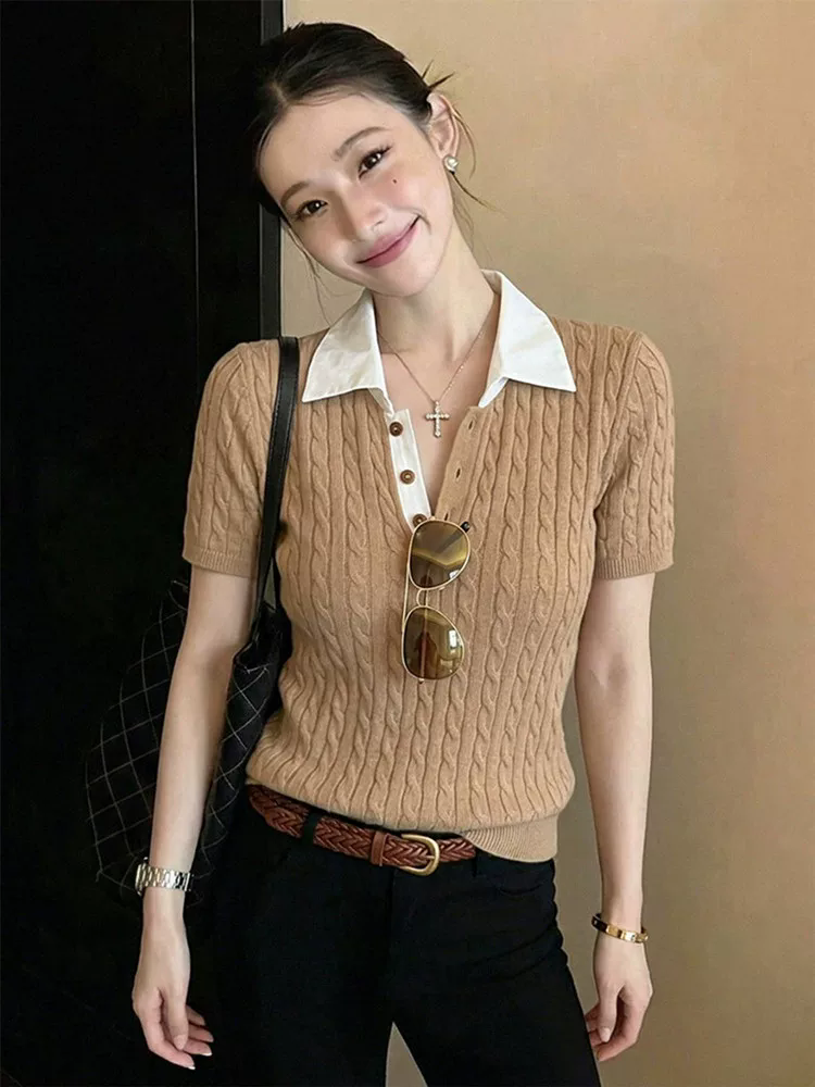 프랑스식 POLO 칼라 카키 색 꽈배기 니트 반팔 티셔츠 여성 2026 봄 캐주얼 품격 긍정적 인 어깨 작은 맨위