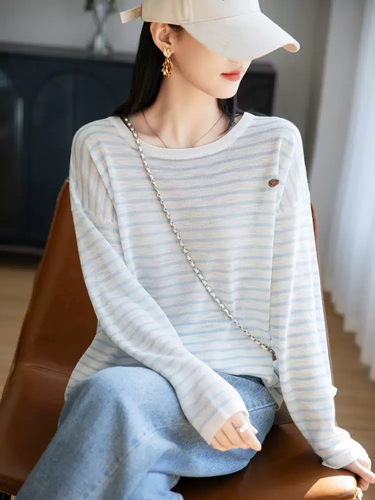 클래식 스트라이프 긴팔 자외선 차단 의류 대나무 마디 마 통기성 블라우스 여성 2026 여름 얇은 새로운 슬림해 보이는 루즈핏 맨위 t
