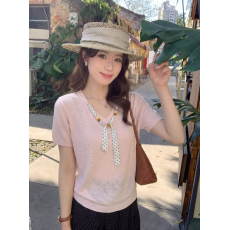 批发夏季新款韩系甜妹简约高级感显瘦短袖针织衫女宽松薄款上衣